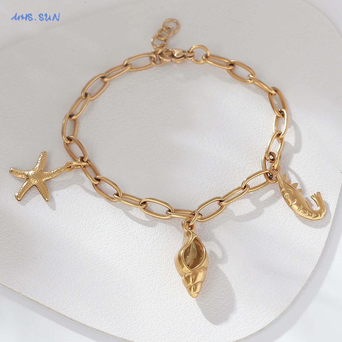 MHS.SUN Summer Starfish Conch Crab Charms Chain Bracelets Trendy Stainless Steel Ocean Style Beach Waterproof Jewelry For Women