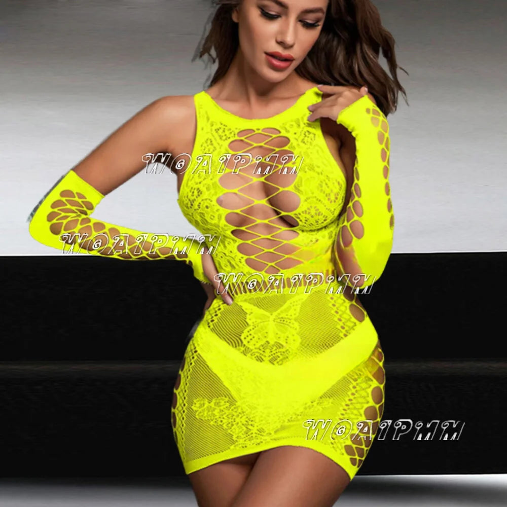 Hot Dress Crotchless Sexy Lingerie Dress Mesh Women Lace Hollow Bodysuit Teddy Babydoll Dress With Gloves Erotic Underwear