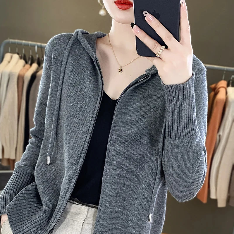 Classic hoodie Women Knitwear 100% All cotton Cardigan Fashion Sweater Long sleeves Double Zipper Style Thick Warm Basics Tops