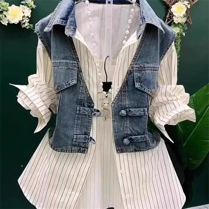 Cowboy Vest Patchwork Summer Shirt Fake Two-Piece Shirt Women's Cowboy VPolo Collar Denim Jacket Autumn Button Spring Shirt Lady