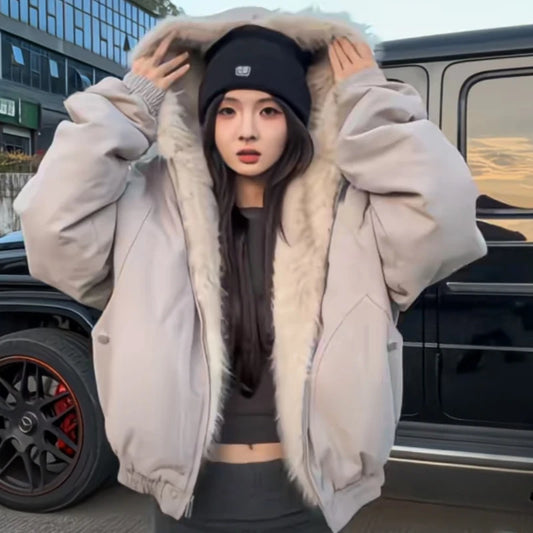 winter new American retro wool collar thickened cotton jacket for men and women same style workwear fashion zipper hoodie jacket