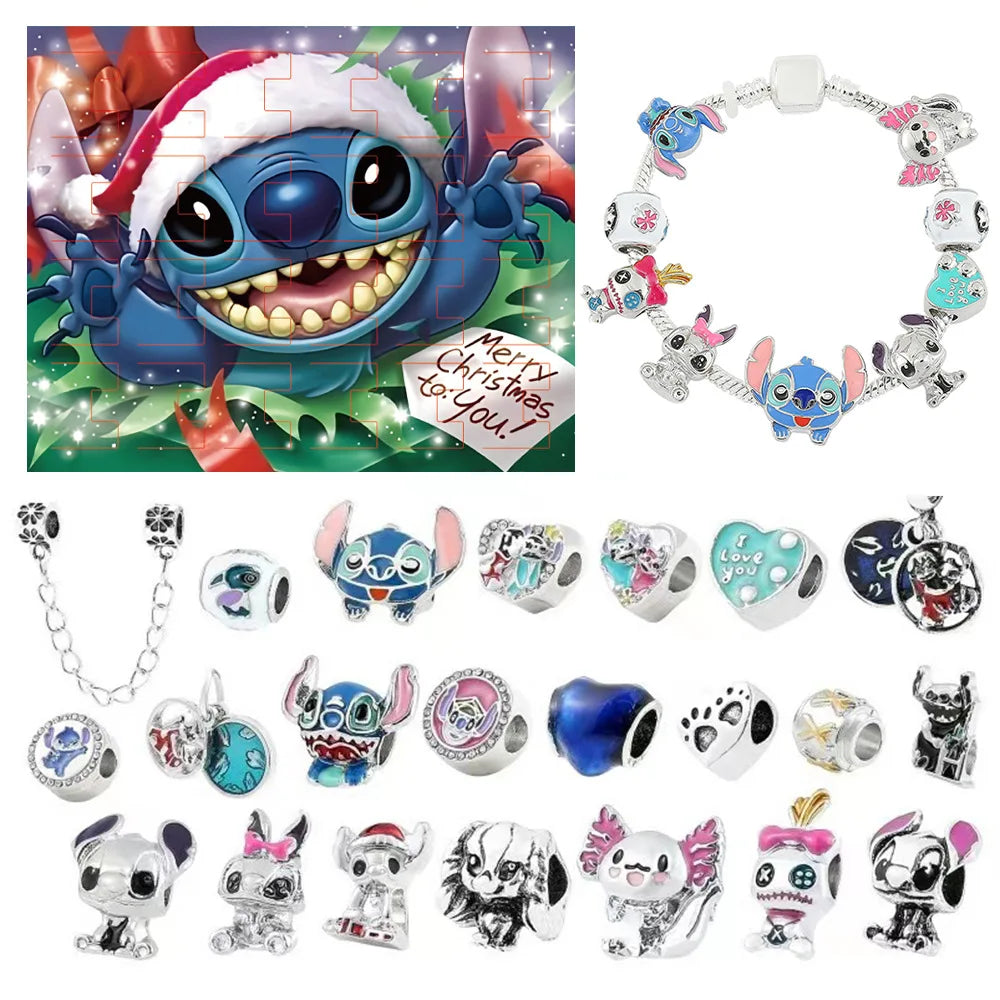 Disney Stitch Mickey Mouse Adventskalender-Armbänder, 24 Tage Countdown, DIY-Schmuckherstellung, süßes Weihnachtsgeschenk