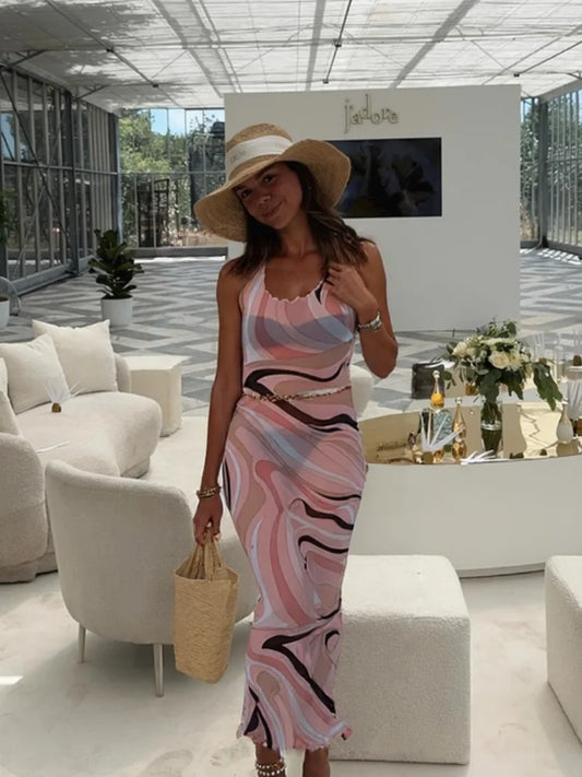 Fashion Mesh Print Long Dress For Women O-neck Sleeveless Hip Package Transparent Slim Robes 2025 Summer Female Beach Dresses