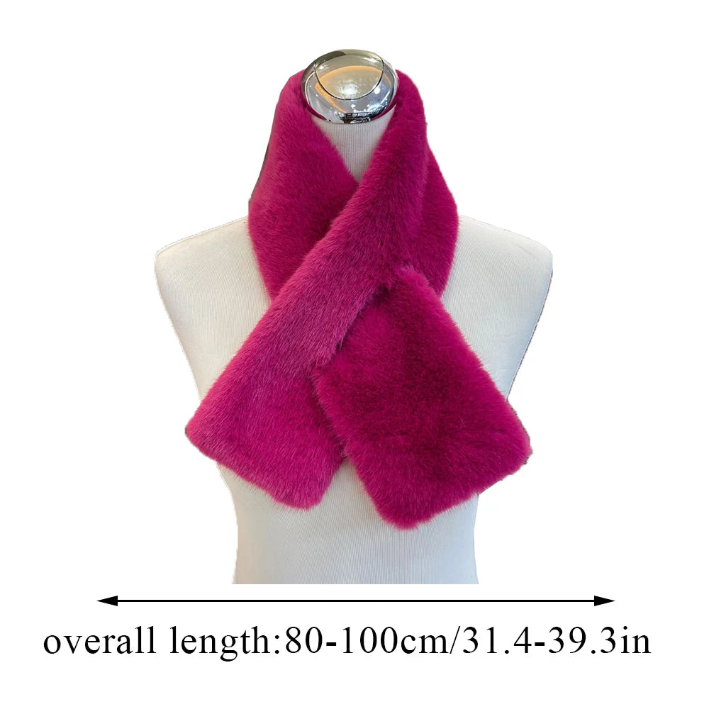 Plush Cross Women's Scarf Winter Thickened Soft Furry Neck Warmer Cute Solid Color Faux Rabbit Fur Scarf Women Collar Scarf New