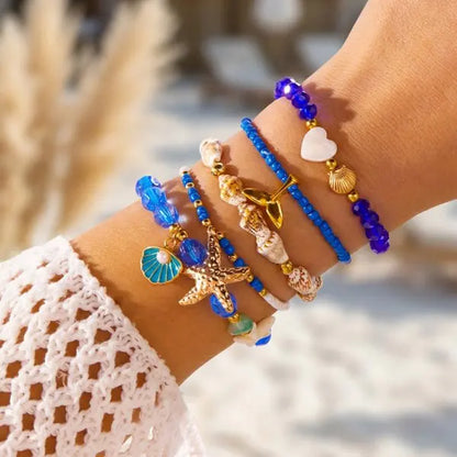 Cute Coral Starfish Shell Multi-Layer Bracelet for Women Ocean Series Fashion Stackable Beaded Jewelry Accessories