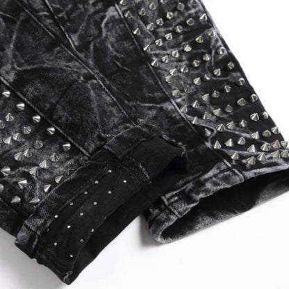 2025 new retro punk high street trendy rivet design black slim fit buckle men's jeans fashion classic denim pants