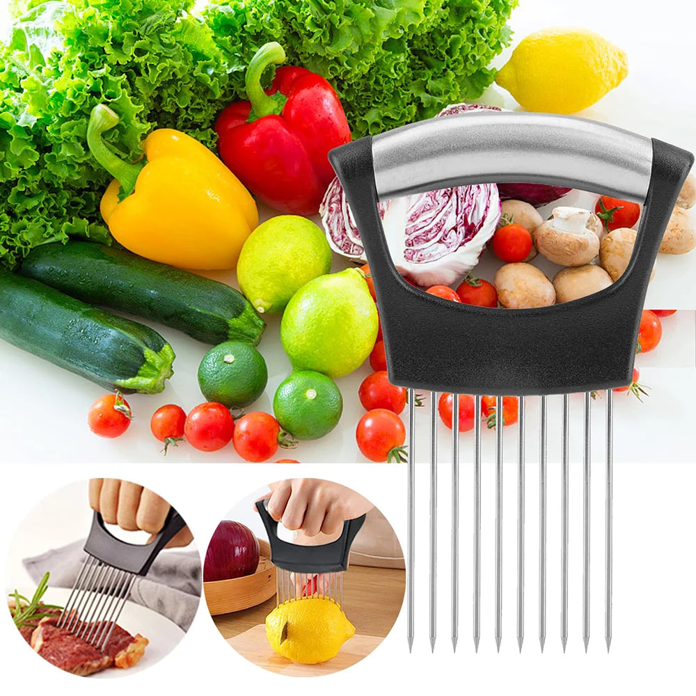 Onion Holder Slicer Cutter - Stainless Steel Vegetable Chopper for Tomato Potato Avocado Eggs Fruit Lemon Meat Kitchen Tool