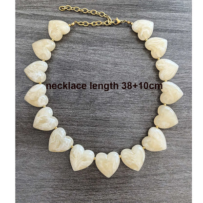 Big Love Heart Necklace Women Choker Statement Bracelet Gold Color Acrylic Beads Stainless Steel PVD Waterproof White Beige Red