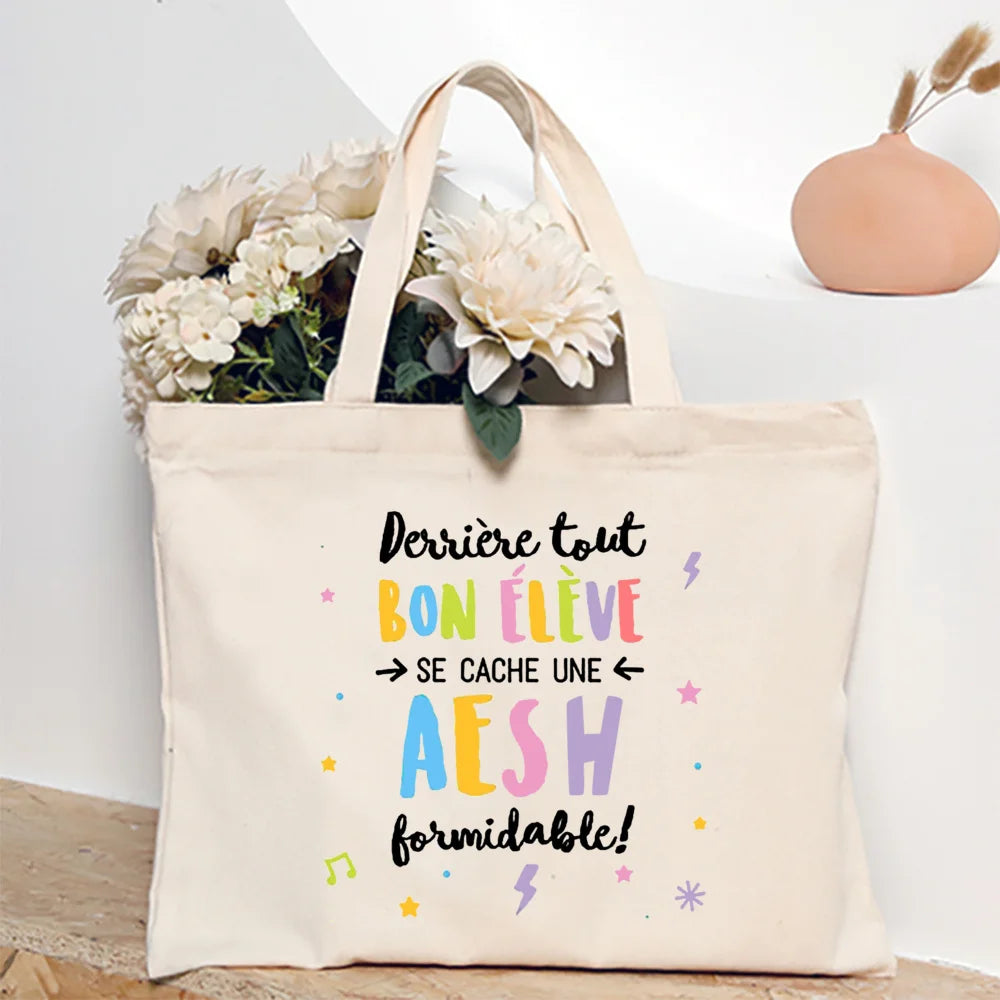 Merci Aesh French Printed Women Tote Bag Canvas Shopping Bags Female Shoudler Bag  Travel Handbag Graduate Thanks Gift for Aesh