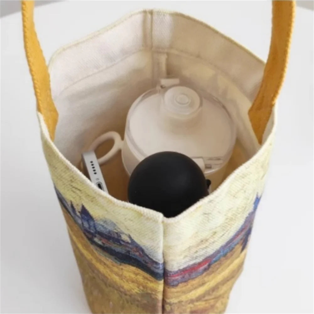 Van Gogh Oil Painting Bucket Bag Literary Portable Handbag Cup Bag Vintage Tote Canvas Bag for Girls