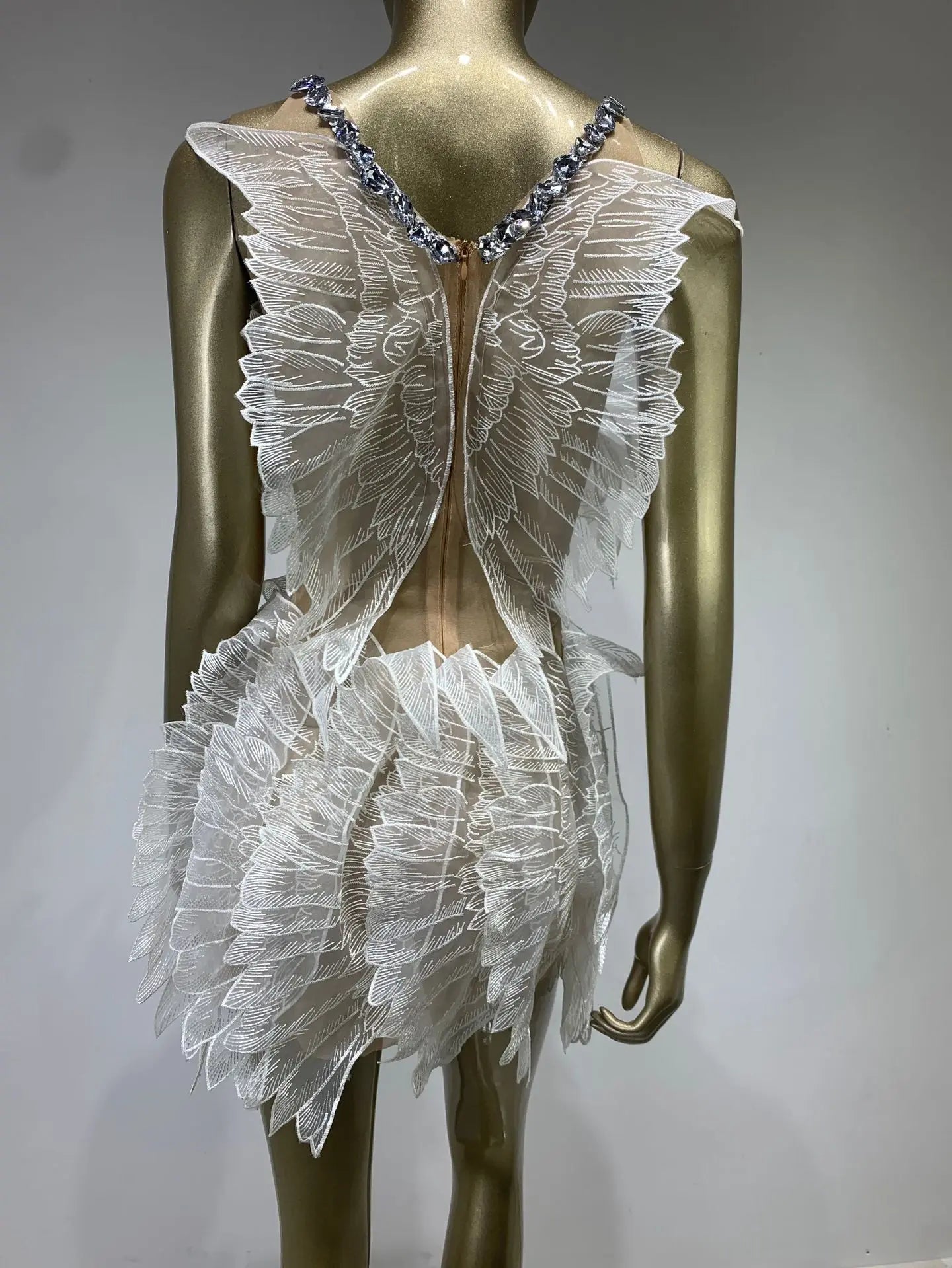 Women Sexy White Gold Crystal Transparent Wings Mini Dress Bar Nightclub Party Singer Stage Performance Costume