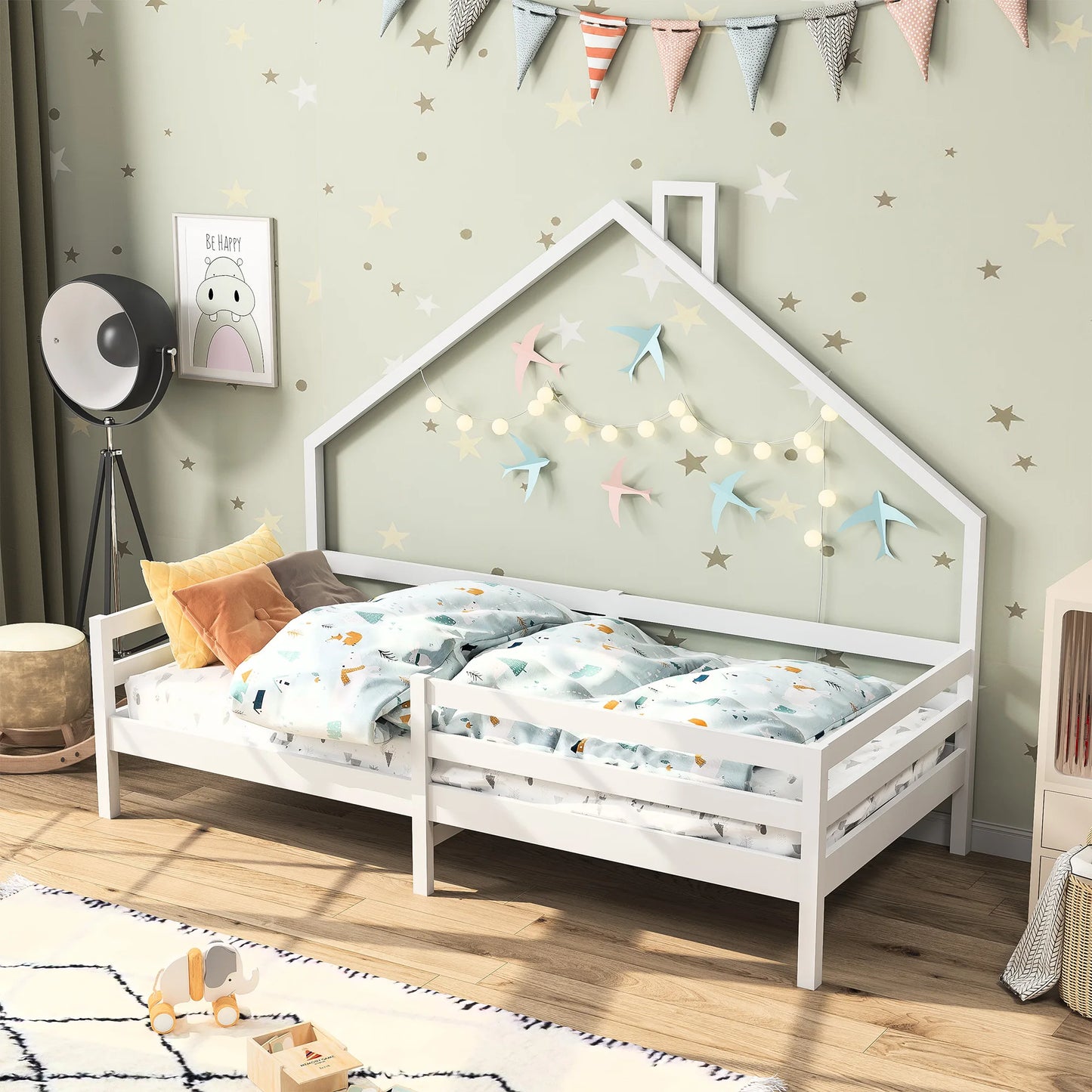 Anajqaqia 90x200 cm Single Bed, Children's Bed with Safety Rails and Slatted Frame, House Bed Design, Pine, White