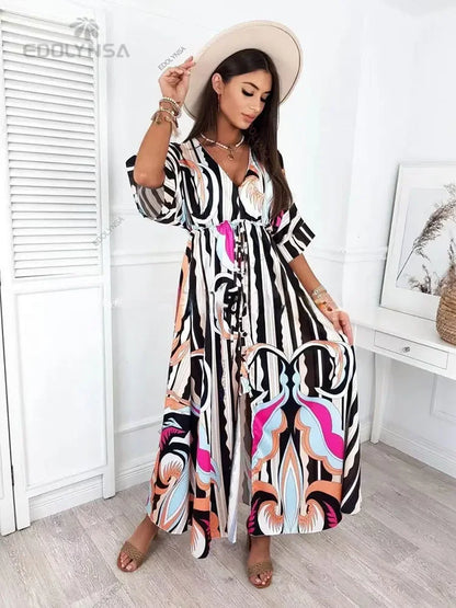 Bikini Cover-ups Boho Print Long Dress Self Belted Sexy Beach Tunic 2023 Summer Women Beach Wear Swim Suit Cover Up A932