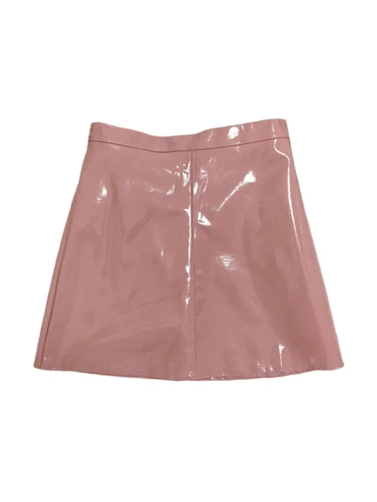 PU Skirt Women A Line Streetwear Patent Leather Black Pink Blue Casual Faldas Mujer Moda Sute Sweet Kawaii Saia