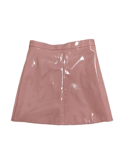 PU Skirt Women A Line Streetwear Patent Leather Black Pink Blue Casual Faldas Mujer Moda Sute Sweet Kawaii Saia