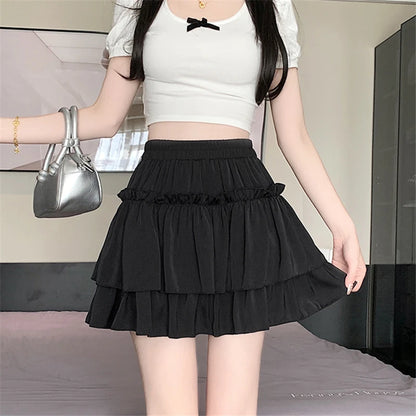 Summer Kawaii Elastic High Waist Black White Ruflles Skirt Women Fashion Slim Fit Chiffon Mini Skirts Giris Y2k All Match Faldas