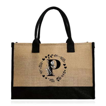 Shopping Bag Burlap Tote Bag Jute Bags Lightweight Handbag Portable LargeCapacity Women Grocery Organizer Garland Letter Pattern