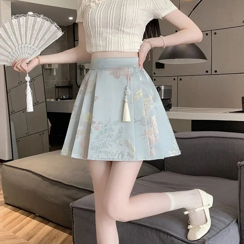 New Chinese Style Jacquard Embroidered Pleated Skirt for Women 2025SS High Waist Slim Anti-exposure A-line Girl Short Half Dress