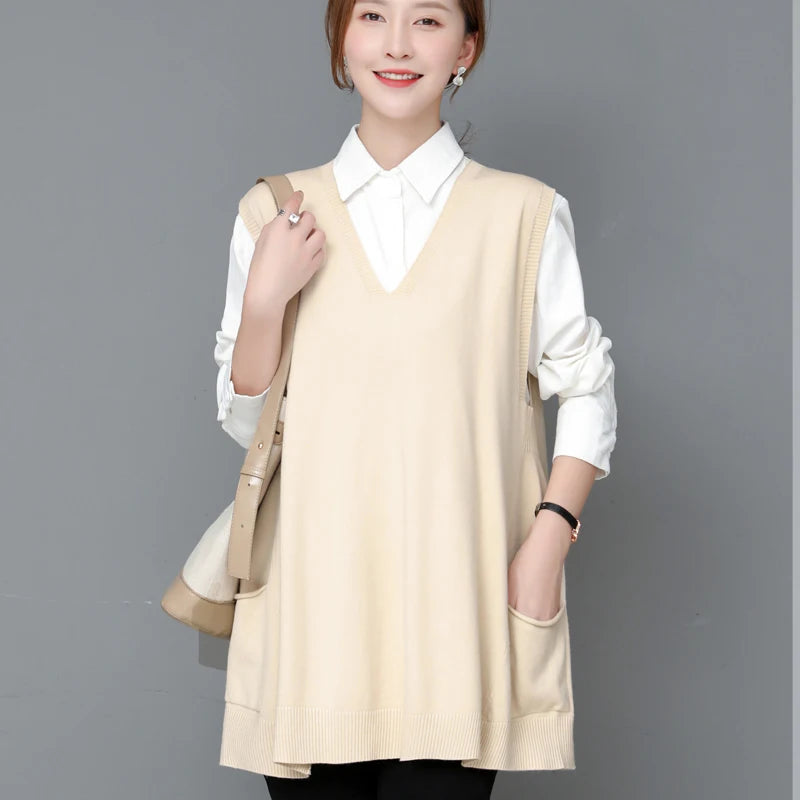Autumn Winter Loose Svel Knitted Vest Women's Outerwear Faionable Slimming Korean Sle Polyester Fiber V-ne