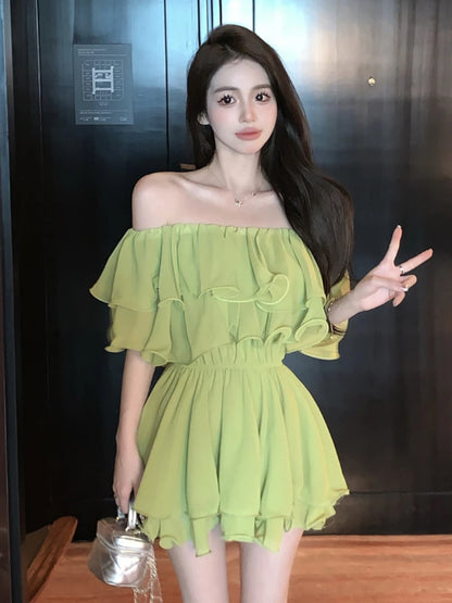 Woman Chiffon Dress Sexy Short Ruffle Dresses for Women Off Shoulder Casual Youth Chic and Elegant Pretty Fashion Summer 2025
