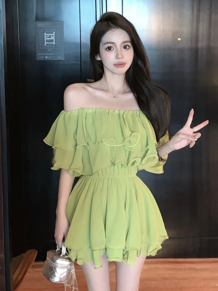Woman Chiffon Dress Sexy Short Ruffle Dresses for Women Off Shoulder Casual Youth Chic and Elegant Pretty Fashion Summer 2025