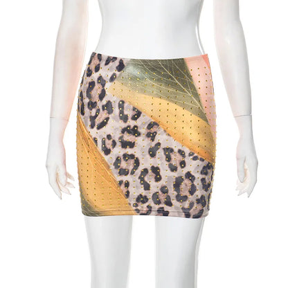 Chic Women Summer Bodycon Skirts Casual Leopard/Floral Print Rhinestones Mini Skirt for Beach Vacation Club y2k Streetwear