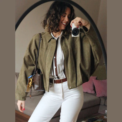 PRINTKAOIR Women's Bomber Jacket Lapel Long Sleeve Zipper Suede Jacket Women High Street Cropped Racing Jackets Coats Outerwears