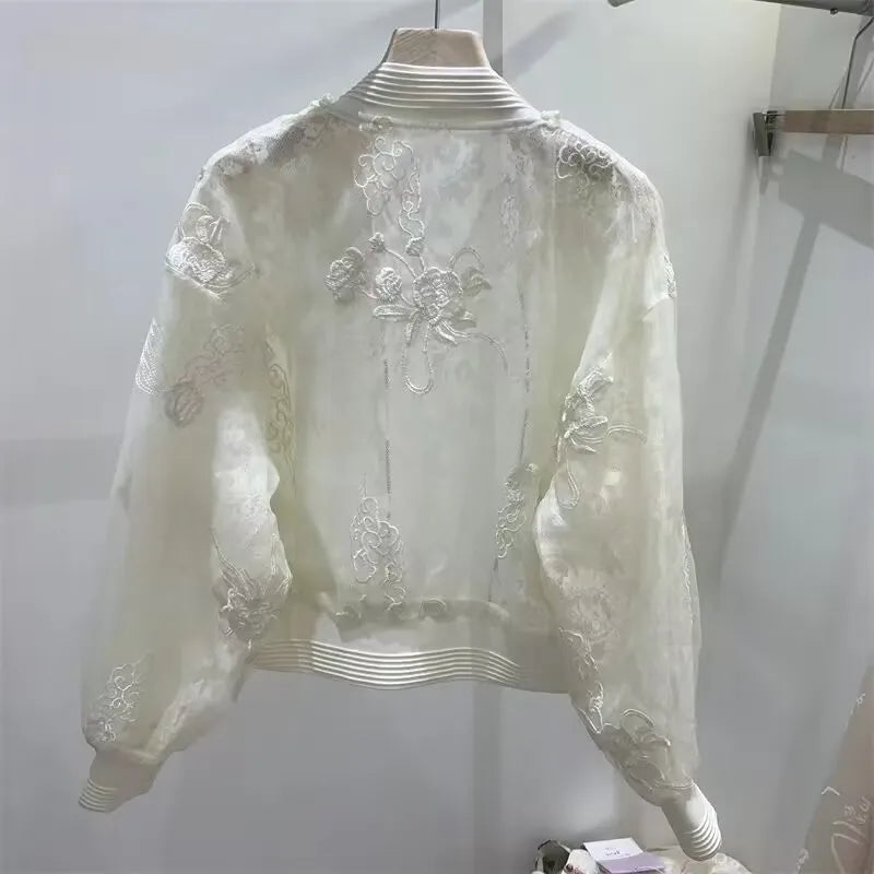 Summer Beading Embroidery Thin Jacket 2025 Women Elegant Sun Protective Clothing High Street Baseball Uniform Short Jacket