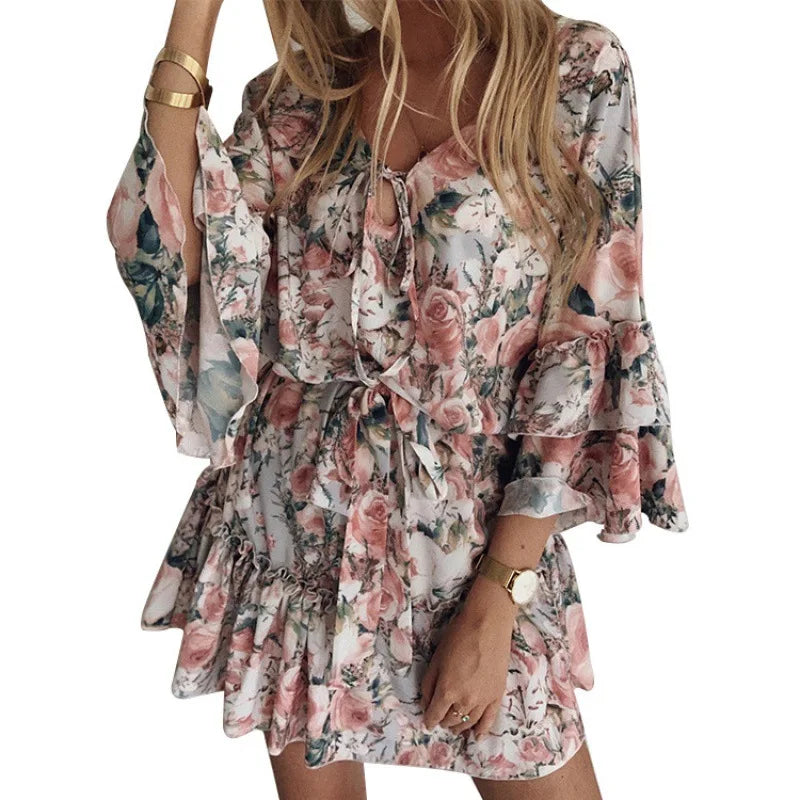 Summer Printed Dress V-neck Flare Sleeve Lace Up Mid Waist Ruffled Short Dress Temperament Office Dresses For Women 2023