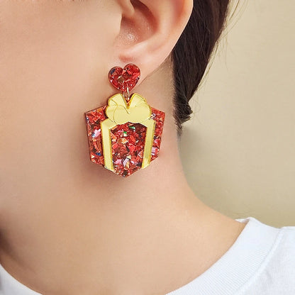 KUGUYS Christmas Red Gift Box Earrings for Women Acrylic Jewelry Trendy Accessories