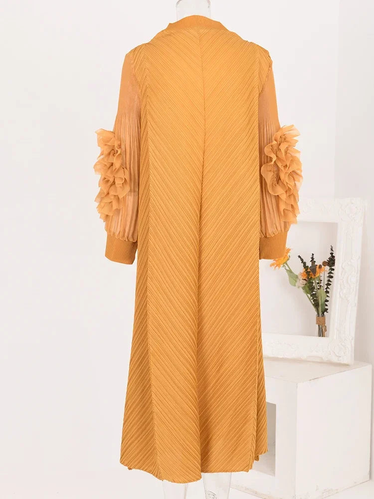 YUDX High Quality Maxi Miyake Pleated Dress Round Neck Spliced Fungus Full Sleeve Dresses For Women 2025 New Spring Clothing