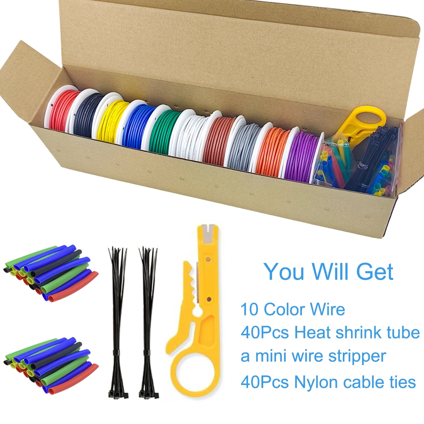 10 Colors in One 16-18-20-22-24-26-28-30 Gauge Silicone Electrical Wire 22 AWG Stranded Tinned Copper Hookup Wire Kit with Tools