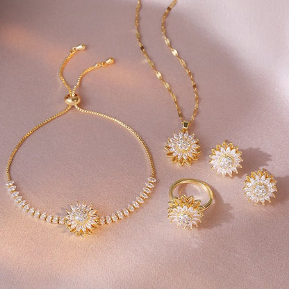 Trendy Rotation Spin Sunflower Stainless Steel Zircon Necklaces For Women Metal Crystal Necklace Party Birthday Gifts Jewelry
