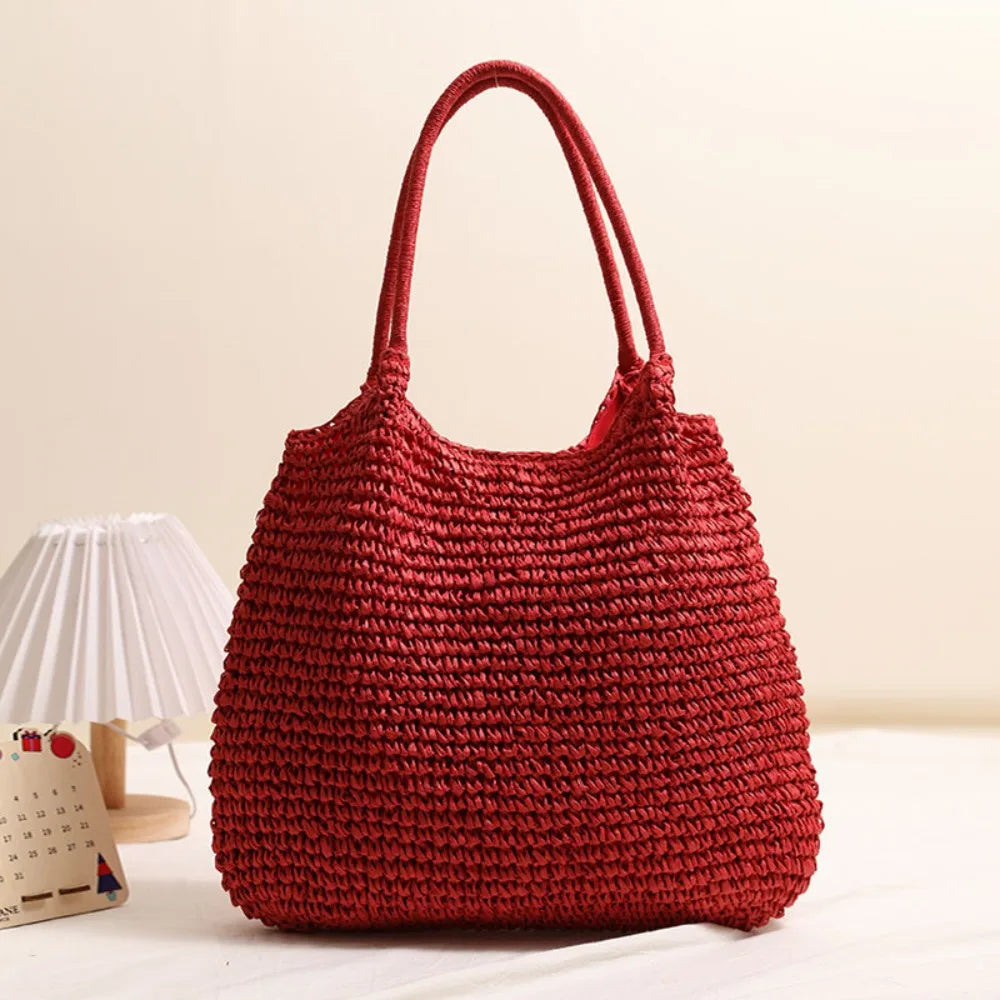 Fashion Straw Tote Bag Woven Solid Color Beach Bag Large Capacity Square Casual Shoulder Bag
