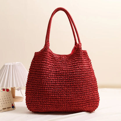Fashion Straw Tote Bag Woven Solid Color Beach Bag Large Capacity Square Casual Shoulder Bag