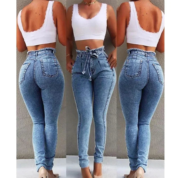 Women's Clothing Jeans Slim Stretch Tassel Belt High Waist Jeans Denim Pants Skinny Ankle Length Bleached