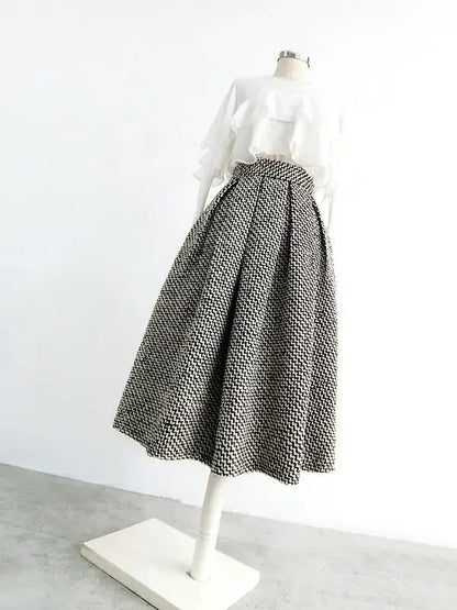 2025 New Fashion Tweed with Pocket Knee Length Skirt Winter Women Vintage Thickened High Waist Pleated A-Line Skirts Faldas