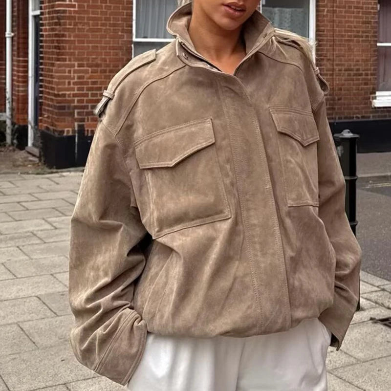 Women's Khaki Leather Jacket zartins Long Sleeve Outwear Streetwear Fashion Coat with Pocket 2026 Style Jackets Solid Woman Coat