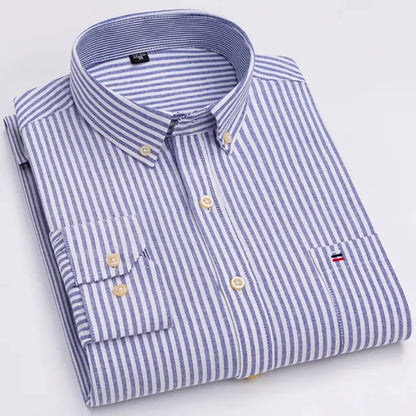 Men's Long Sleeve Oxford Dress Shirt 100% Cotton Plaid Checkered Chest Pocket Button Down Collar Casual Shirts