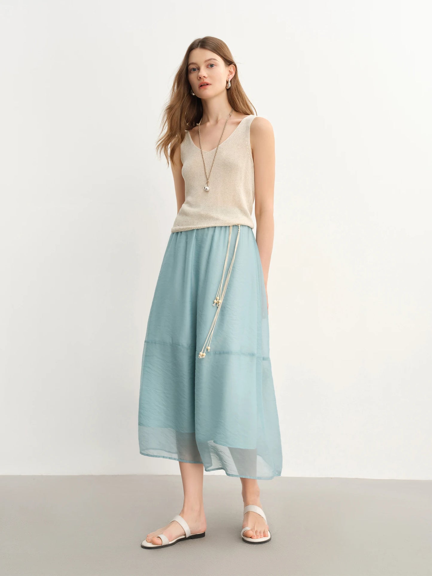 DUSHU 2025 Summer Women's High Waist Sheer Chiffon Skirt - A-Line Flowy Boho Skirt with Flattering Slimming Silhouette