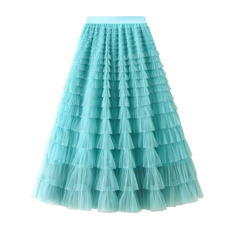 New Arrival 2025 Tulle Cake Long Skirt Women Spring Summer Ruffle Pleated A-Line Chic Skirt Ladies Sweet Black White Tutu Skirts