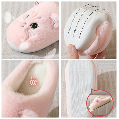 Winterwarme Hausschuhe für Damen, flauschig, mit Katzenmotiv, Cartoon-Fell, Plüsch, für drinnen, bequem, wärmend, flach, Flip-Flop