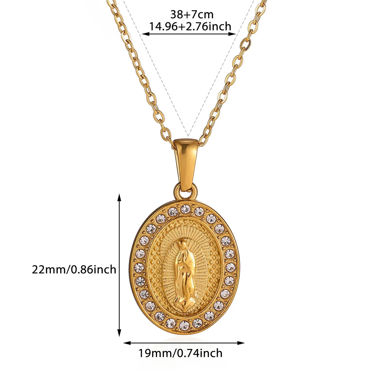 Virgin Mary Pendant With Diamonds Necklace For Women Gold Color Medal Charm Stainless Steel Religious Punk Jewelry Easter Gift