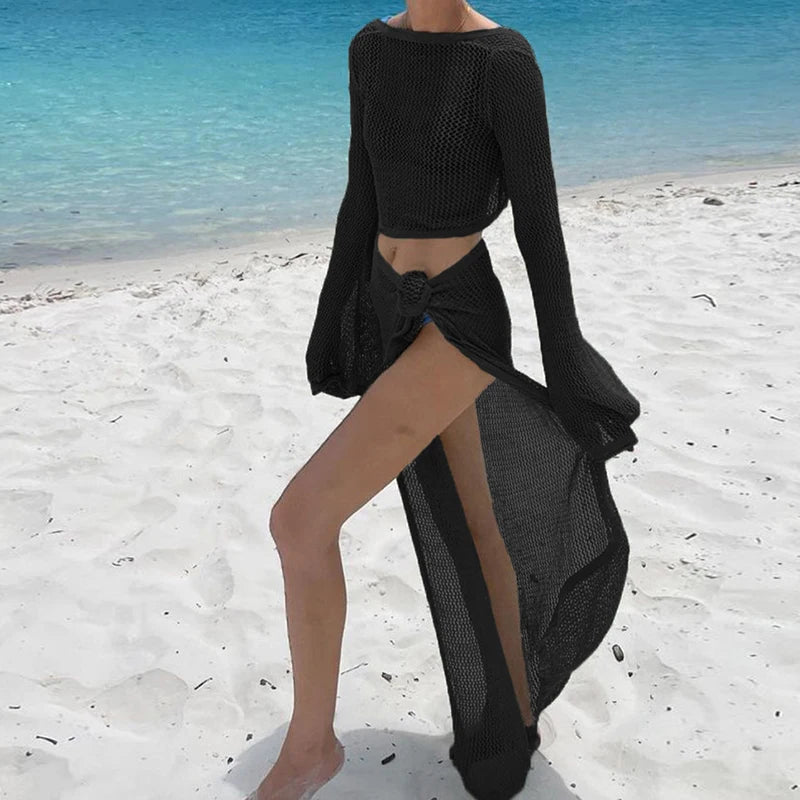 knitting Long Sleeve Bonds Top One piece Skirt Women Beach Vacation Bikini Cover Up Sun Bathing See-Through Sunscreen Smock