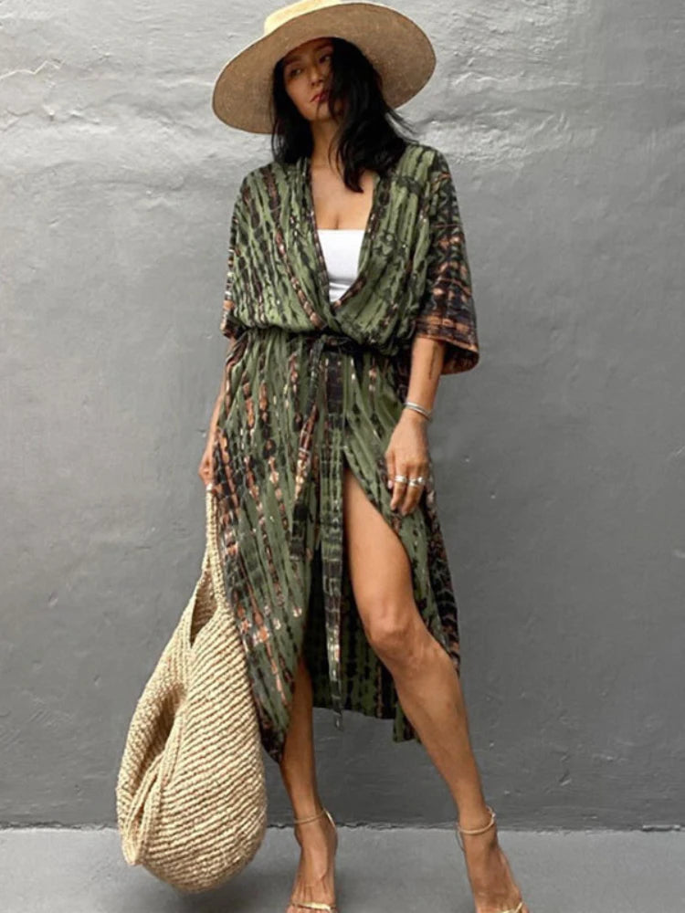 Bikini Cover Ups for Swimwear Women Printed Beach Kimono Self Belted Loose Wrap Beachwear Bathing Suit Dropshipping 22 Colors