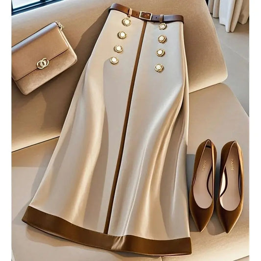 Autumn New Elegant Party Patchwork Skirts Fashion Women High Waist Beaded Double-breasted Skirt Office Lady Jupe With Belt 528P