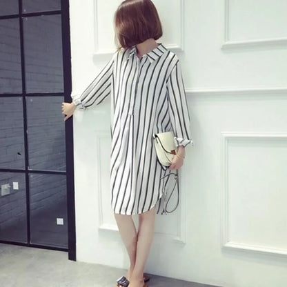 Long Sleeve Striped Printed Shirt Dress Female 2023 Simple All-match Turn-down Collar Fashion Chiffon Dresses Women's Clothing