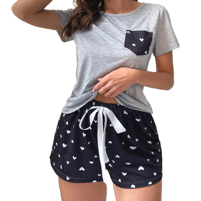 Women 2 Piece Pajamas Set Plaid/Heart Print T-Shirt and Elastic Drawstring Shorts for Loungewear Soft Sleepwear