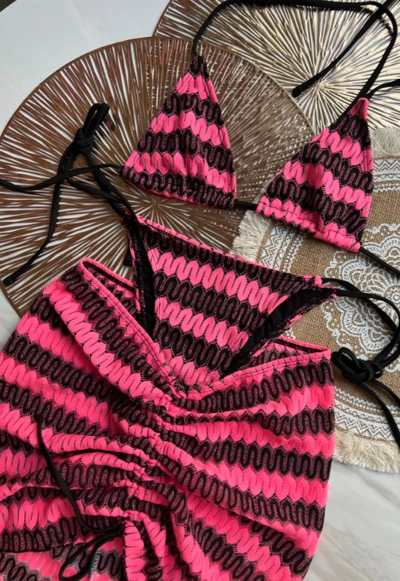 2025 Women Swimsuit Colored Maple Leaves Knitted Bikini Skirt Three-Piece Set Split Swimsuit Bikini