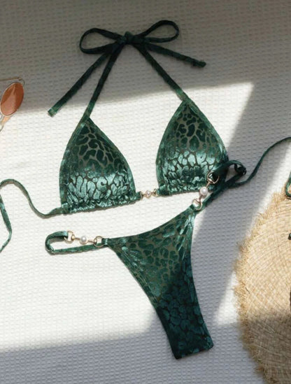 Sexy Leopard Velvet Bikini Mini Micro Thong Bikinis Women Swimwear Female Swimsuit Two-piece Bikini Set Halter Bathing Suit Swim